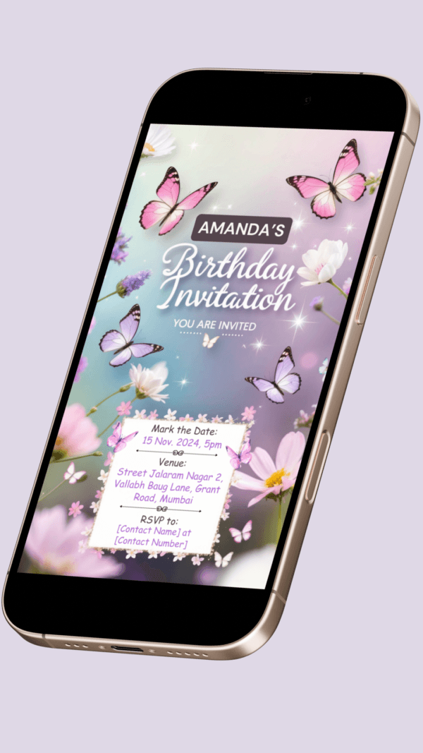 Butterfly Birthday Invitation Card for Girls age 8 to 31 Design 14 - Image 2