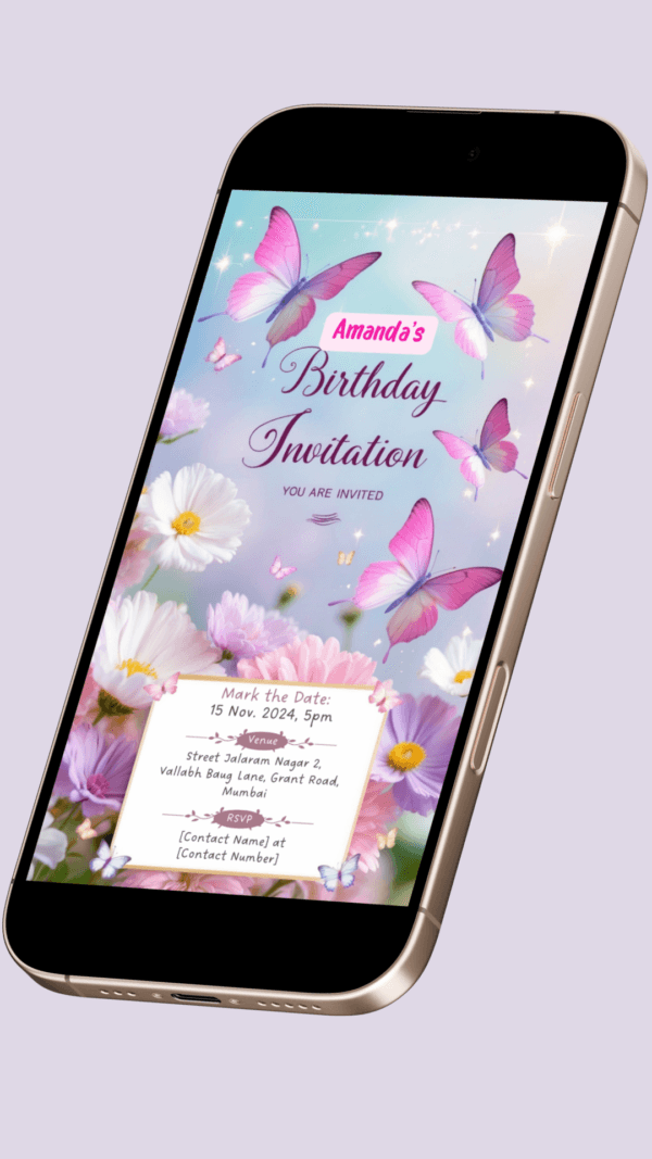 Butterfly Birthday Invitation Card for Girls age 8 to 31 Design 15 - Image 2