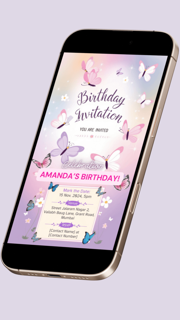 Butterfly Birthday Invitation Card for Girls age 8 to 31 Design 16 - Image 2