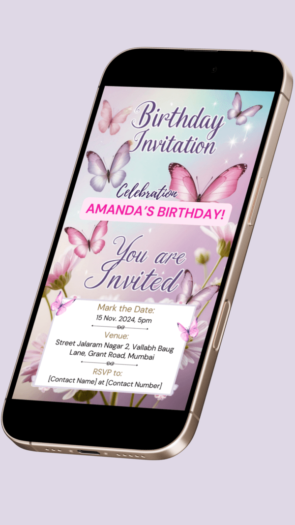 Butterfly Birthday Invitation Card for Girls age 8 to 31 Design 19 - Image 2