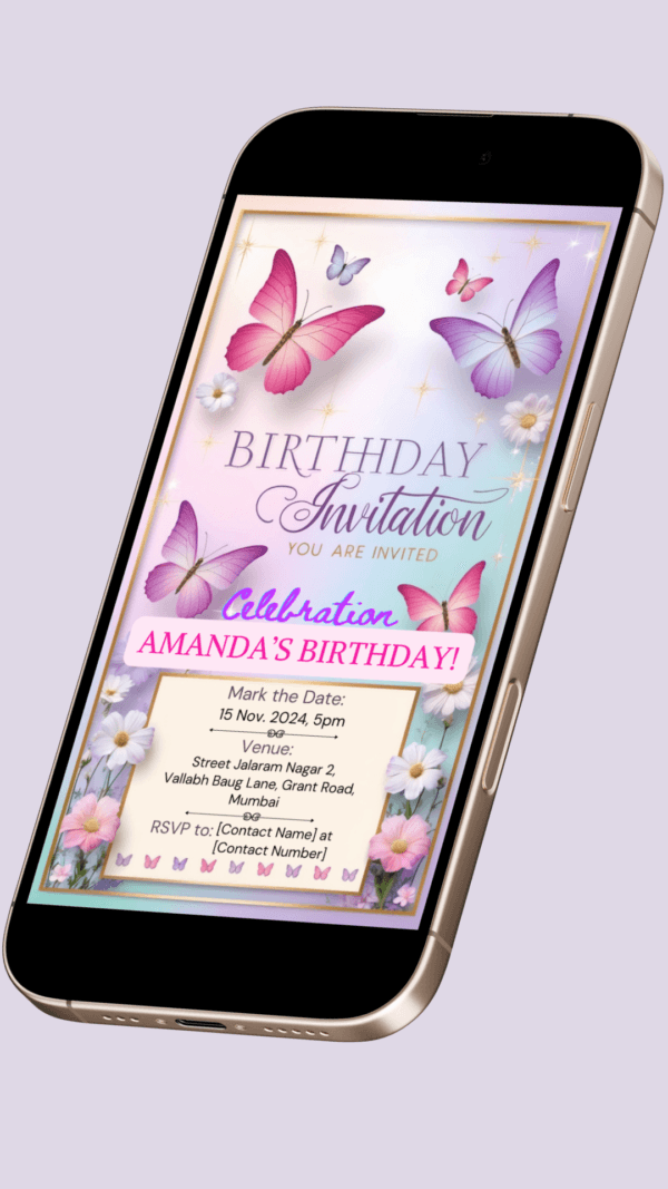 Butterfly Birthday Invitation Card for Girls age 8 to 31 Design 20 - Image 2