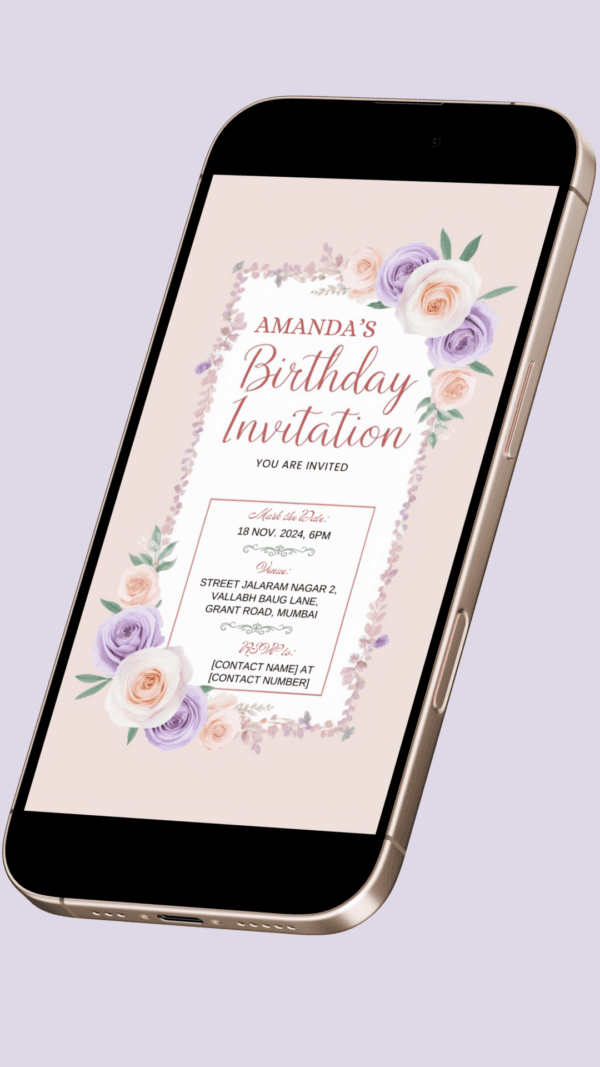 Floral Pastel Birthday Invitation Card for Girls age 8 to 31 Design 6 - Image 2