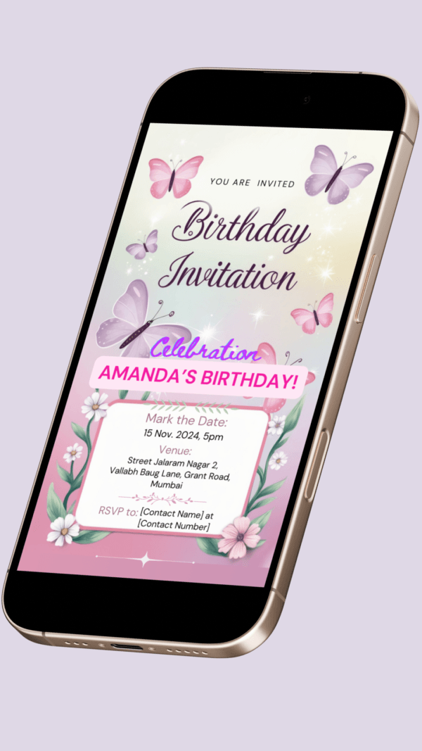 Butterfly Birthday Invitation Card for Girls age 8 to 31 Design 3 - Image 2