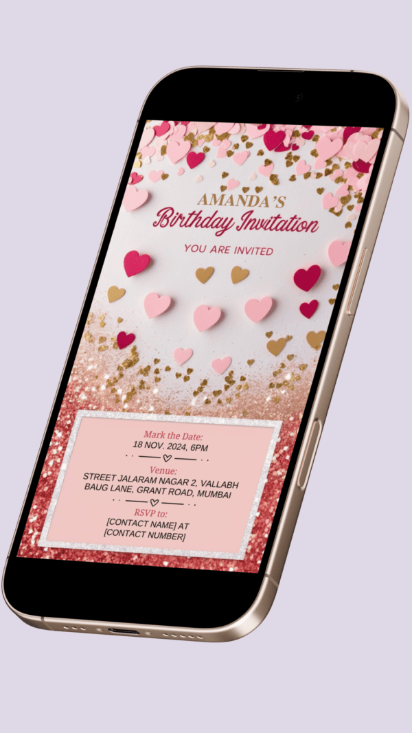 Heart Confetti and Glitter Birthday Invitation Card for Girls age 8 to 31 Design 2 - Image 2