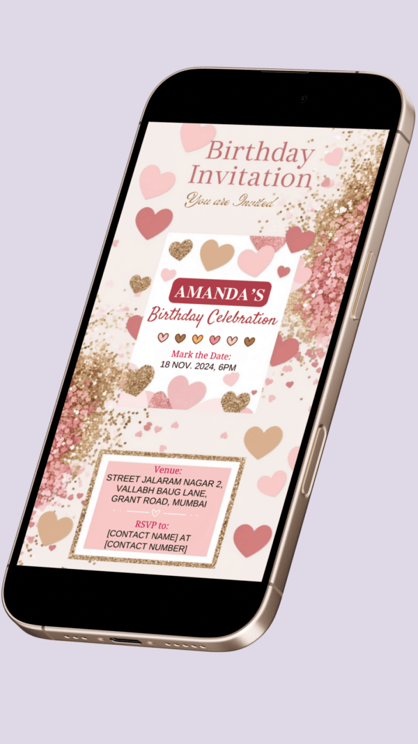 Heart Confetti and Glitter Birthday Invitation Card for Girls age 8 to 31 Design 4 - Image 2