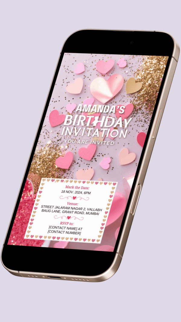 Heart Confetti and Glitter Birthday Invitation Card for Girls age 8 to 31 Design 7 - Image 2