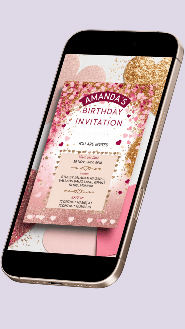 Heart Confetti and Glitter Birthday Invitation Card for Girls age 8 to 31 Design 17 - Image 2