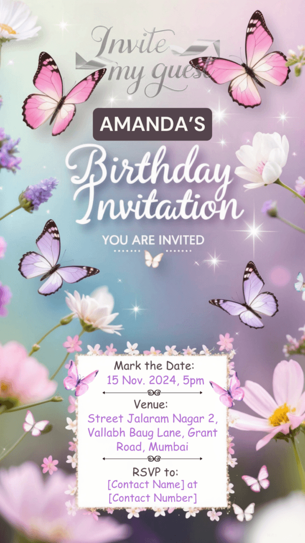 Butterfly Birthday Invitation Card for Girls age 8 to 31 Design 14