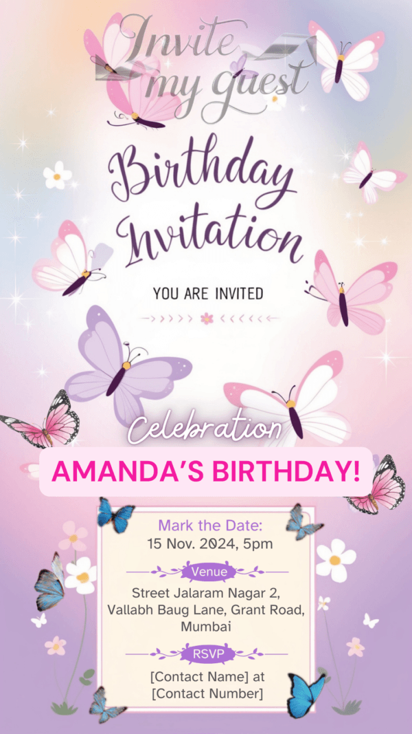 Butterfly Birthday Invitation Card for Girls age 8 to 31 Design 16