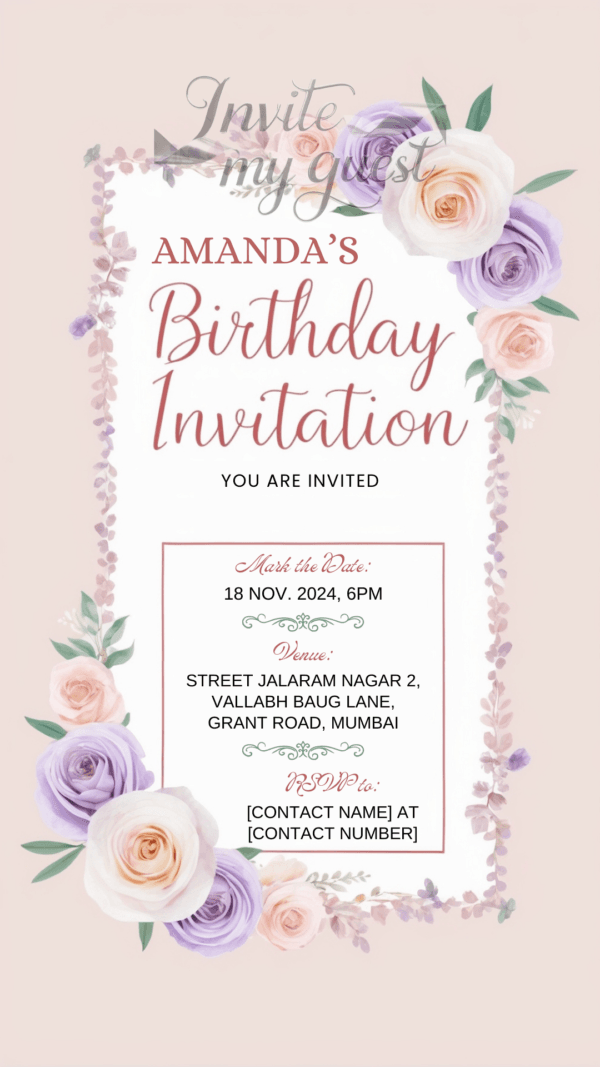 Floral Pastel Birthday Invitation Card for Girls age 8 to 31 Design 6