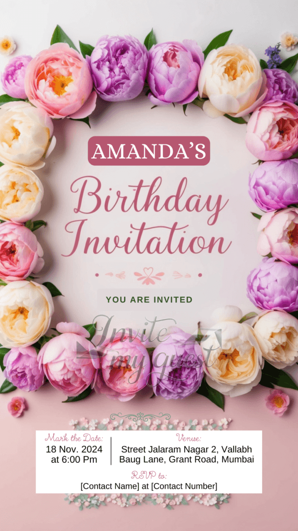 Floral Pastel Birthday Invitation Card for Girls age 8 to 31 Design 7