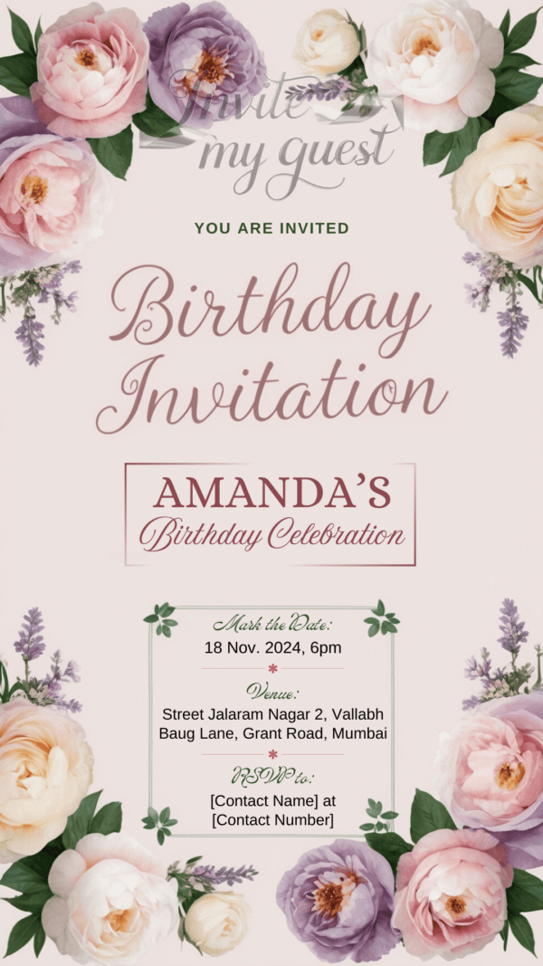 Floral Pastel Birthday Invitation Card for Girls age 8 to 31 Design 8