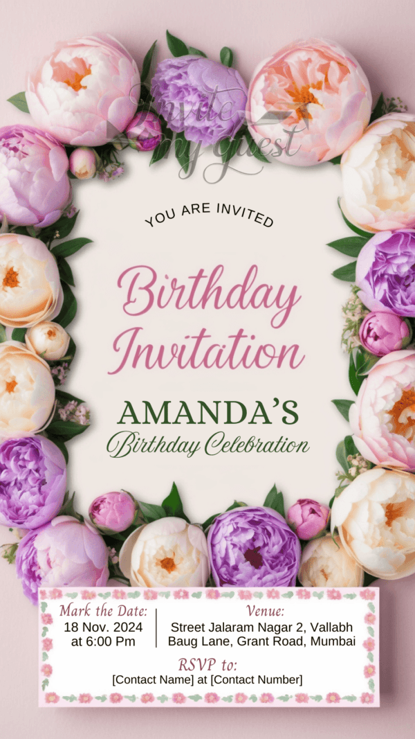 Floral Pastel Birthday Invitation Card for Girls age 8 to 31 Design 9