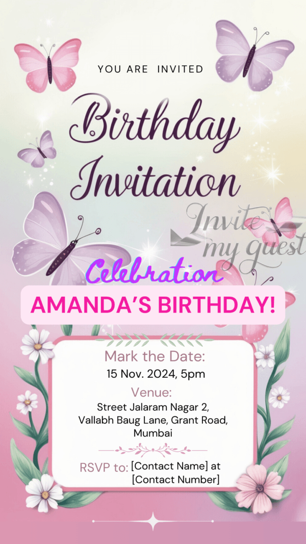 Butterfly Birthday Invitation Card for Girls age 8 to 31 Design 3