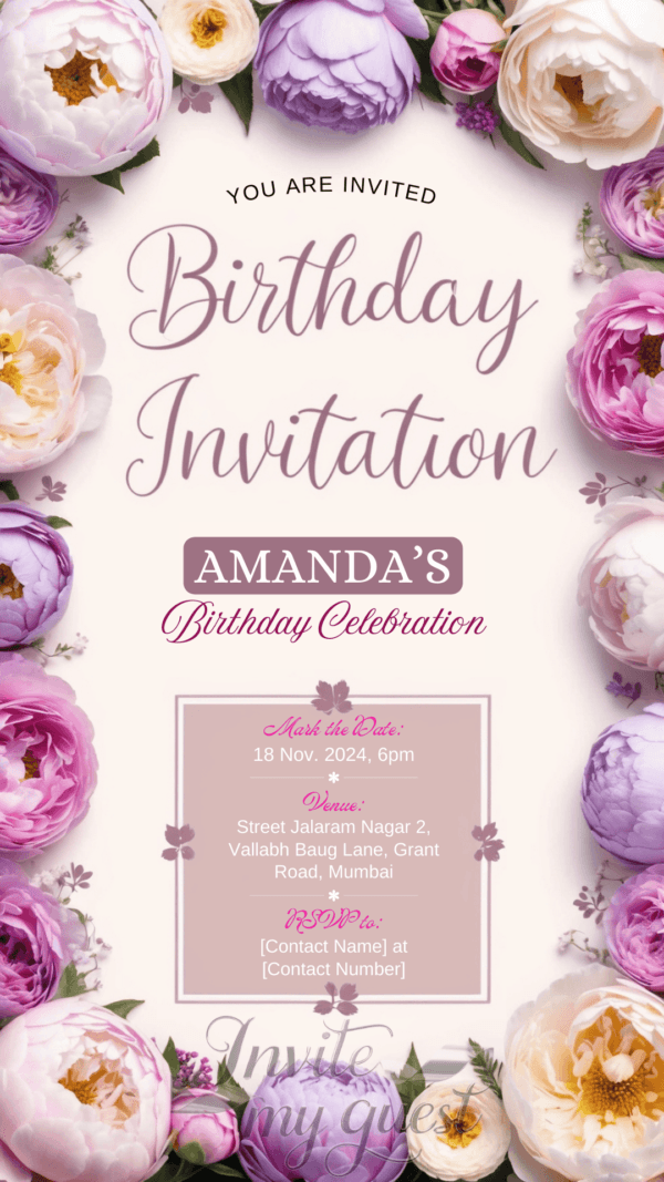 Floral Pastel Birthday Invitation Card for Girls age 8 to 31 Design 13