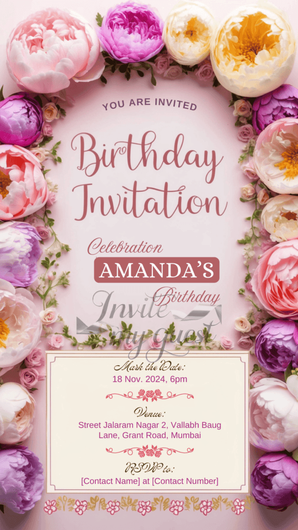 Floral Pastel Birthday Invitation Card for Girls age 8 to 31 Design 15