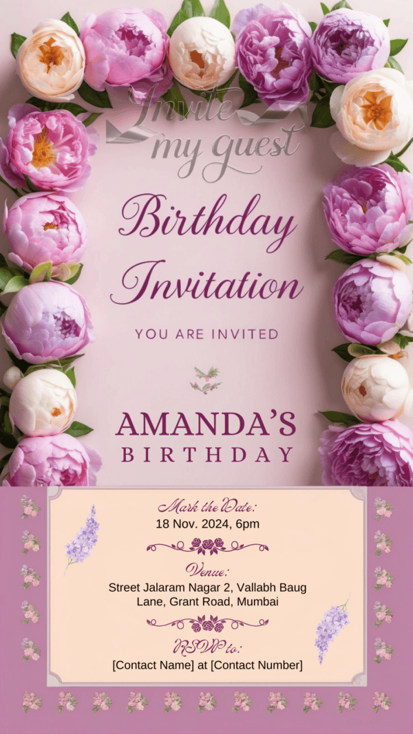 Floral Pastel Birthday Invitation Card for Girls age 8 to 31 Design 17