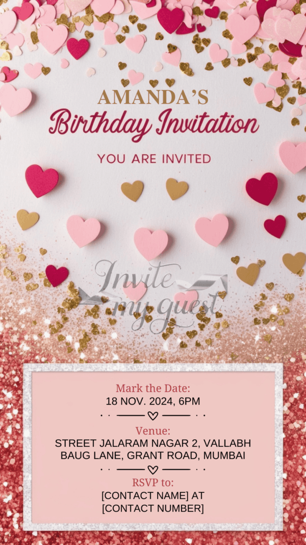 Heart Confetti and Glitter Birthday Invitation Card for Girls age 8 to 31 Design 2