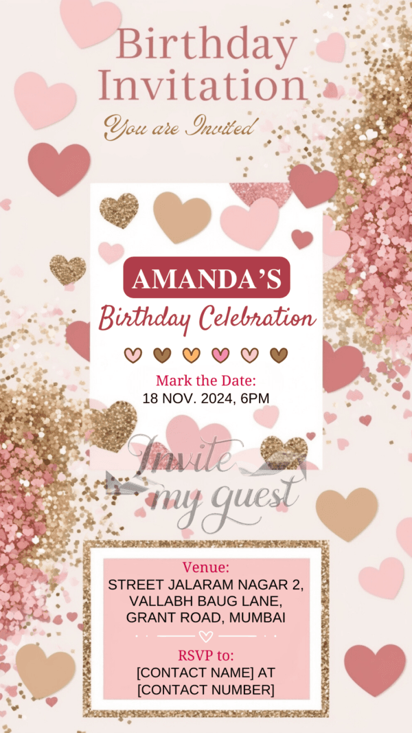 Heart Confetti and Glitter Birthday Invitation Card for Girls age 8 to 31 Design 4