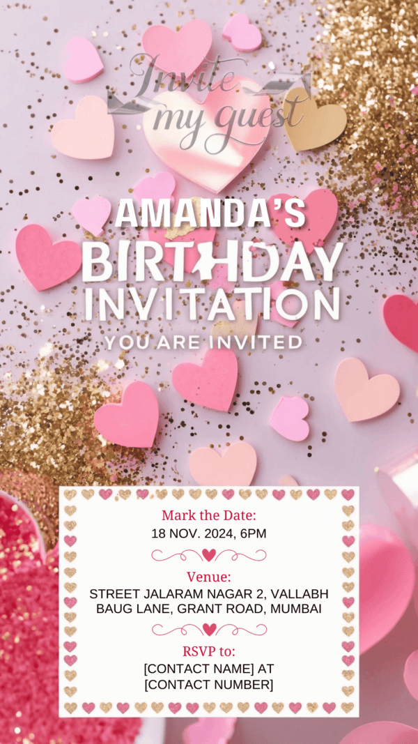 Heart Confetti and Glitter Birthday Invitation Card for Girls age 8 to 31 Design 7
