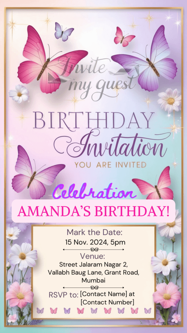 Butterfly Birthday Invitation Card for Girls age 8 to 31 Design 12