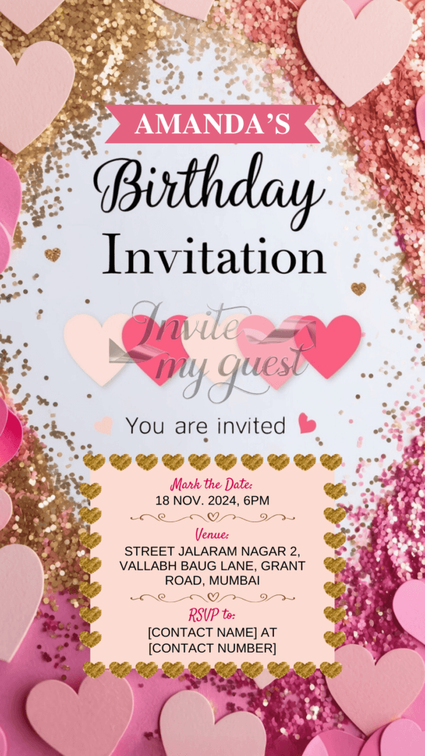 Heart Confetti and Glitter Birthday Invitation Card for Girls age 8 to 31 Design 12