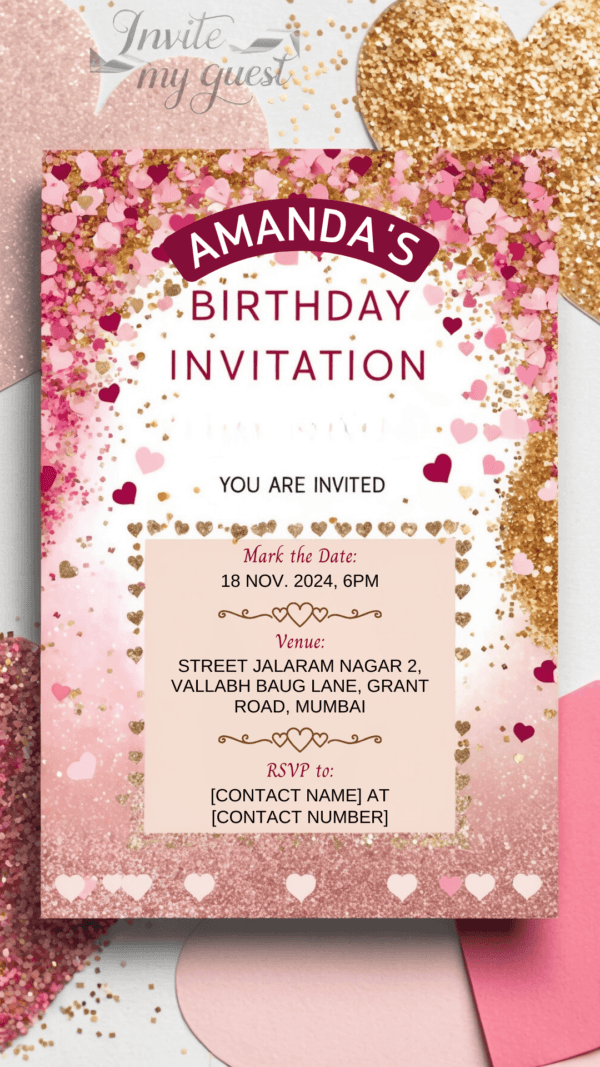 Heart Confetti and Glitter Birthday Invitation Card for Girls age 8 to 31 Design 17