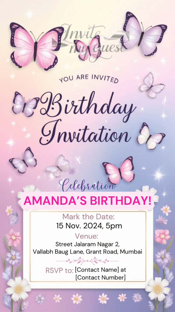 Butterfly Birthday Invitation Card for Girls age 8 to 31 Design 7