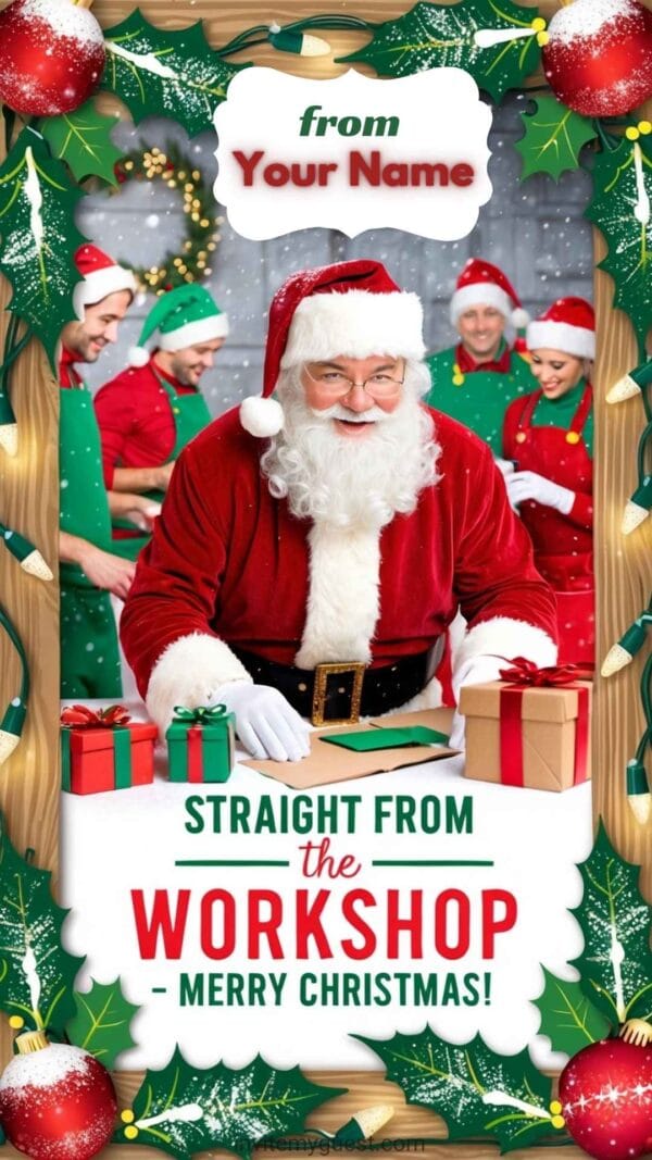 Santa Claus and Elves Workshop Personalized Merry Christmas 2024 Greeting Card Template