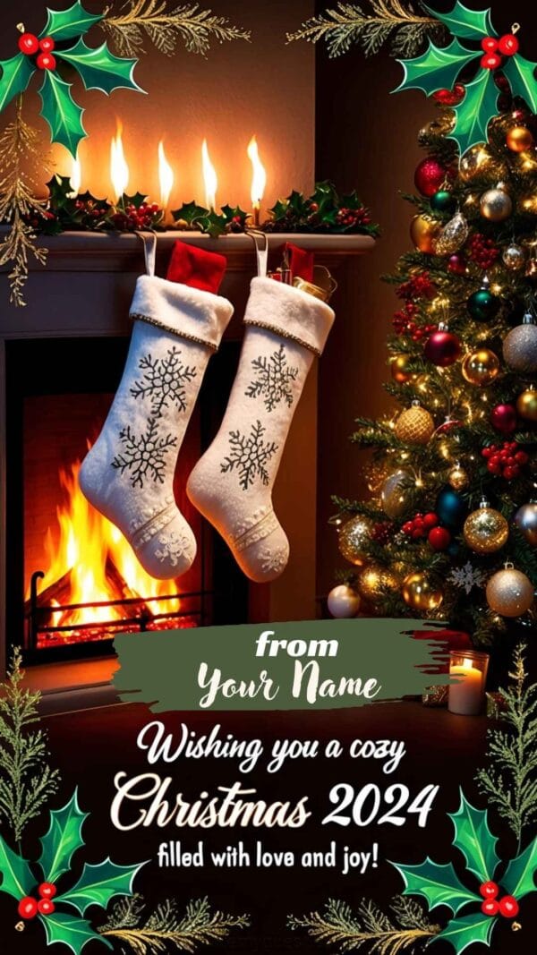 Cozy Christmas Fireplace Personalized Merry Christmas 2024 Greeting Card Template