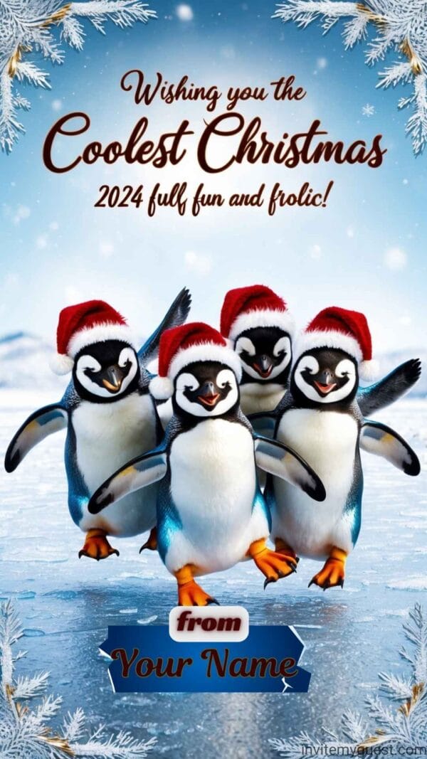 Penguins in Santa Hats - 2024 Christmas Greeting Card Canva Template