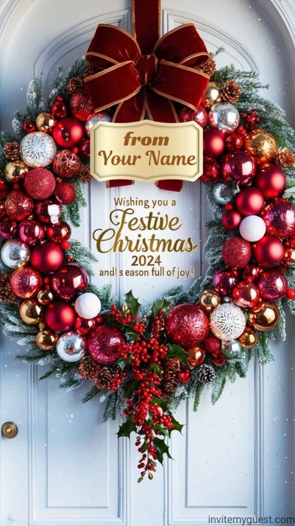 Christmas Wreath with Ornaments Personalized Merry Christmas 2024 Greeting Card Template