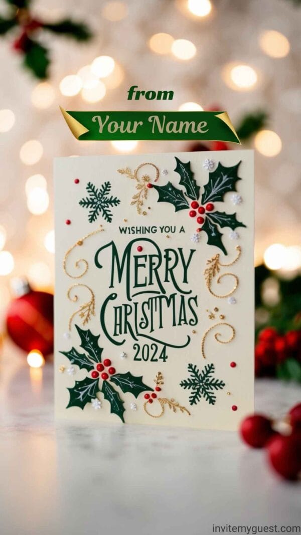 Red Background with White Snowflakes Personalized Merry Christmas 2024 Greeting Card Template