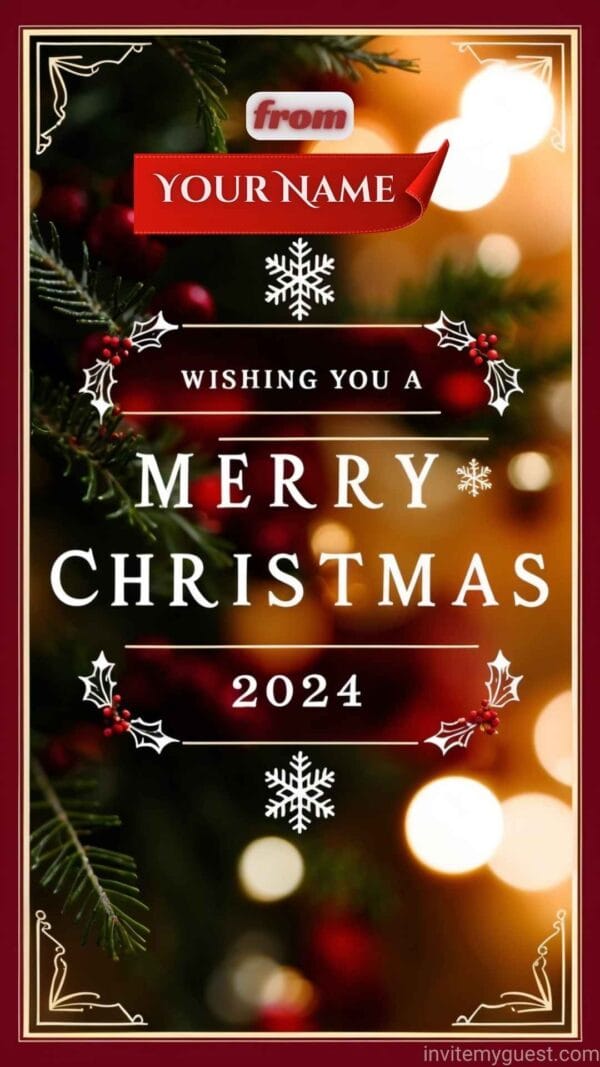 Red Border with Snowflakes and Holly Leaves Personalized Merry Christmas 2024 Greeting Card Template