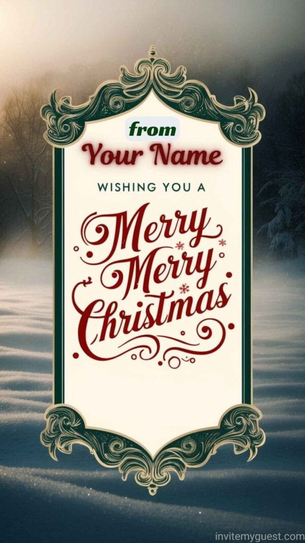 Festive Snowy Landscape with Ornate Green and Gold Border Personalized Merry Christmas 2024 Greeting Card Template