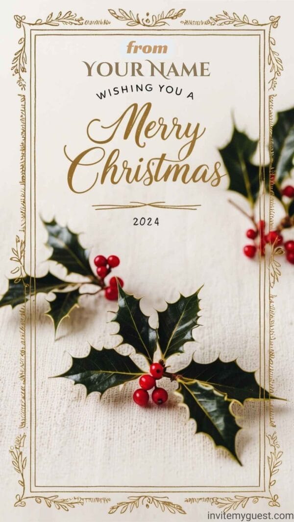 Festive Gold Border with Holly Leaves and Berries Personalized Merry Christmas 2024 Greeting Card Template