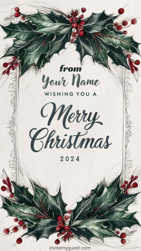 Decorative Holly Border Personalized Merry Christmas 2024 Greeting Card Template