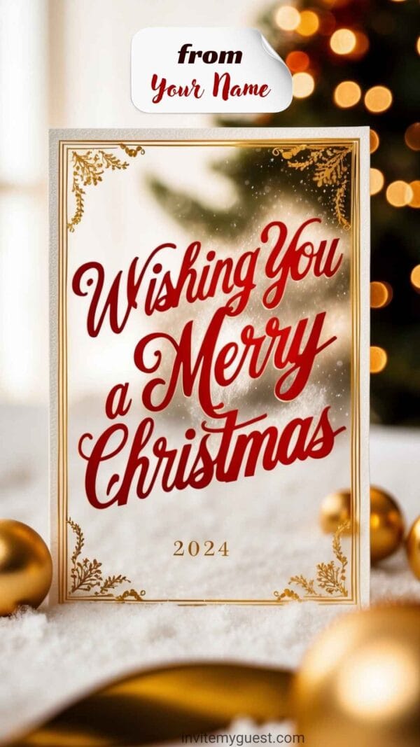 Festive Red Background with Gold Ornaments Personalized Merry Christmas 2024 Greeting Card Template