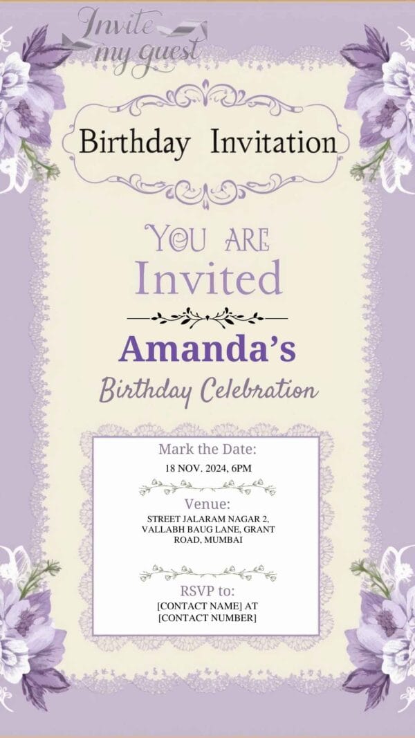 Lavender and Lace Birthday Invitation Card for Girls age 8 to 31 Design 1