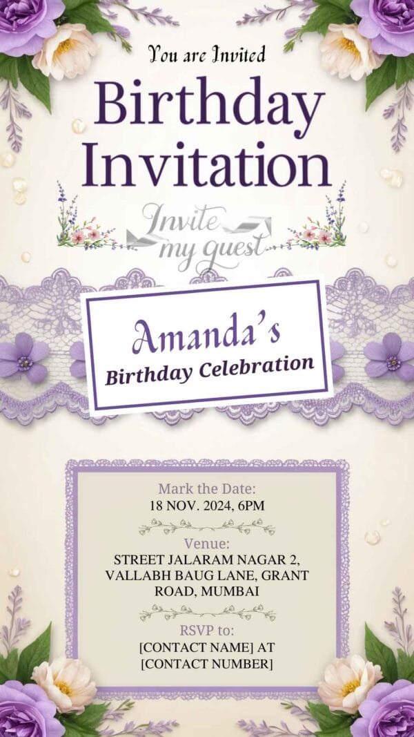 Lavender and Lace Birthday Invitation Card for Girls age 8 to 31 Design 3