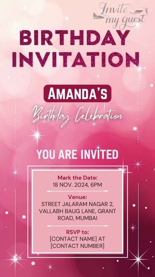 Pink Ombre Sparkles Birthday Invitation Canva Template – Editable Digital Card with Glitter Accents