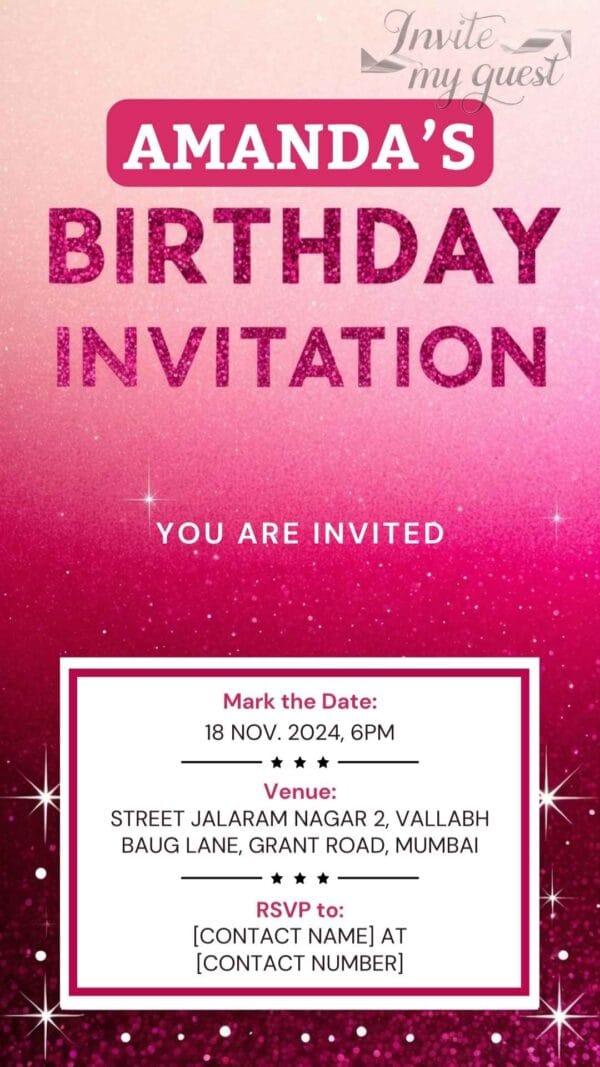 Glitter Pink Birthday Invitation Template With Editable Canva Design