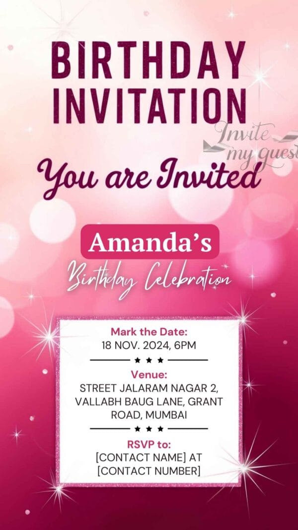 Pink Glittery Canva Design for Birthday Invitation Card Template