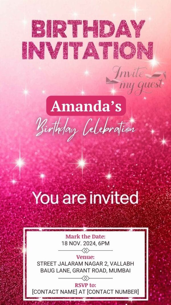 Elegant Pink Glitter Polka Dot Birthday Invitation Canva Template – Customizable Digital Card Design