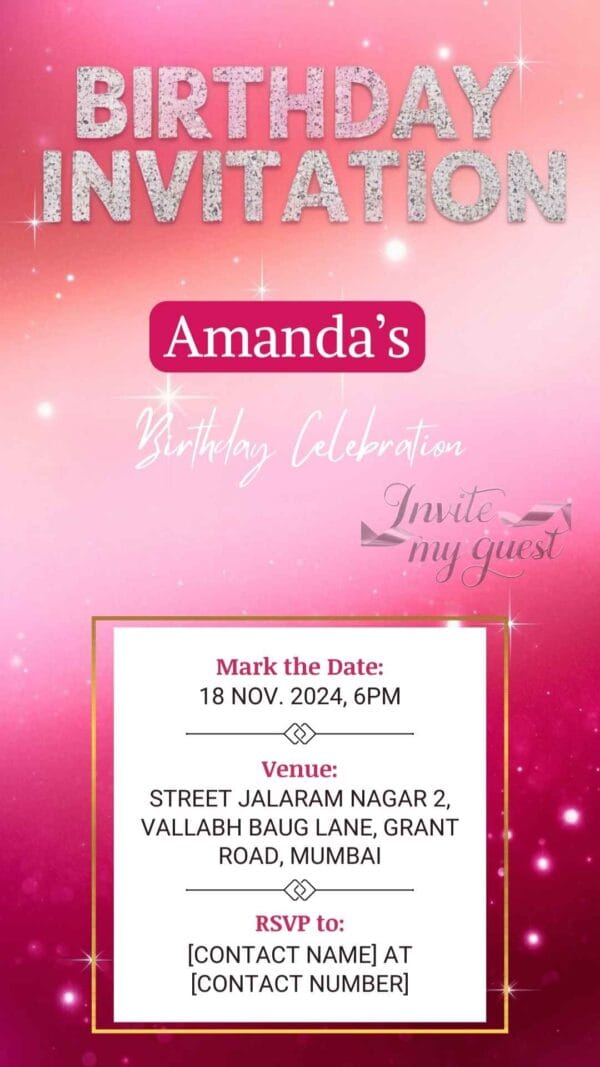 Pink Glitter Polka Dot Birthday Invitation Card with Elegant Style– Customizable Canva Template