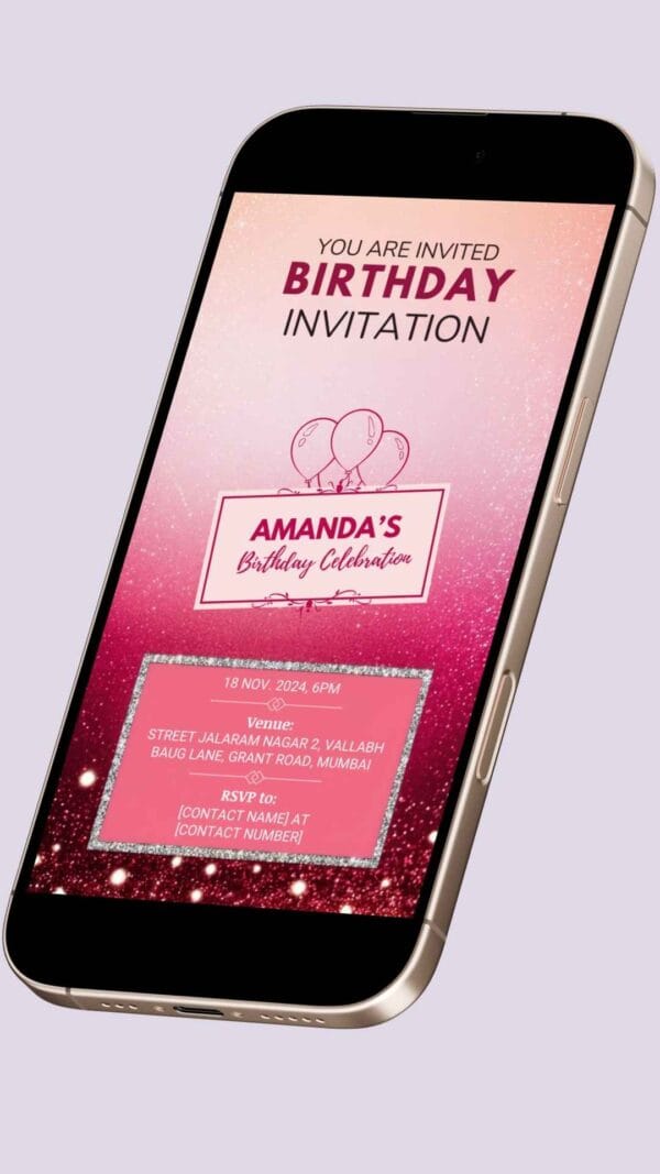 Chic Pink Polka Dots Digital Birthday Invitation Card Template with Balloons and Gradient Background - Image 2