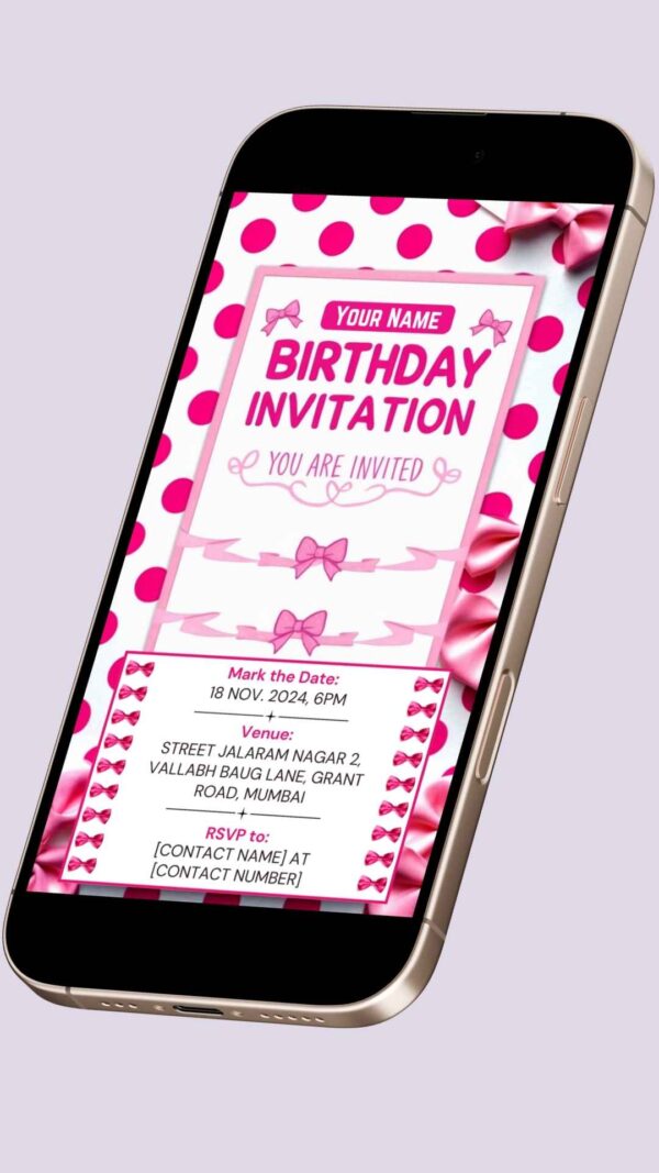 Bright Pink Polka Dot Birthday Invitation Card with Elegant Bows – Customizable Canva Template - Image 2