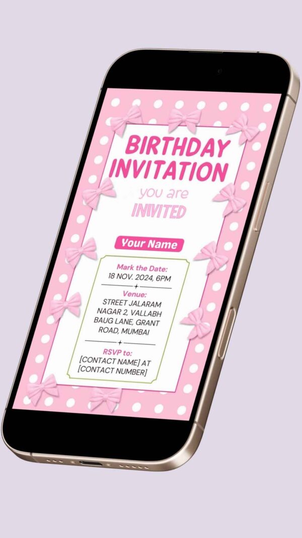 Light Pink Background with White Polka Dots and Bows – Customizable Canva Birthday Invitation Card - Image 2