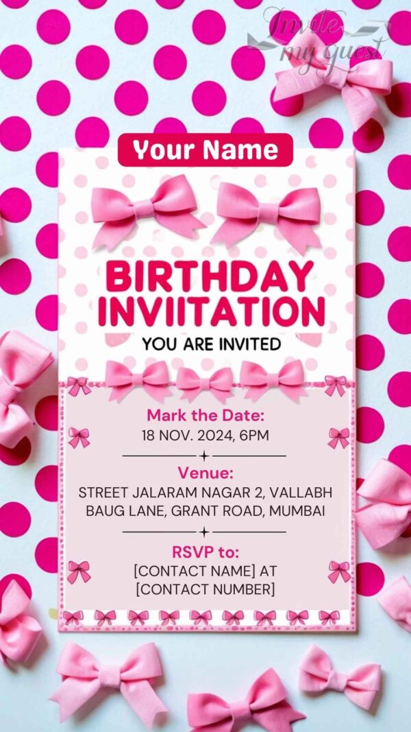 Birthday Invitation Card with Dark Pink Polka Dots and Elegant Bows – Customizable Canva Template