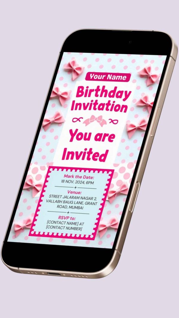 Pink Polka Dot Birthday Invitation Card with Elegant Bows – Customizable Canva Template - Image 2